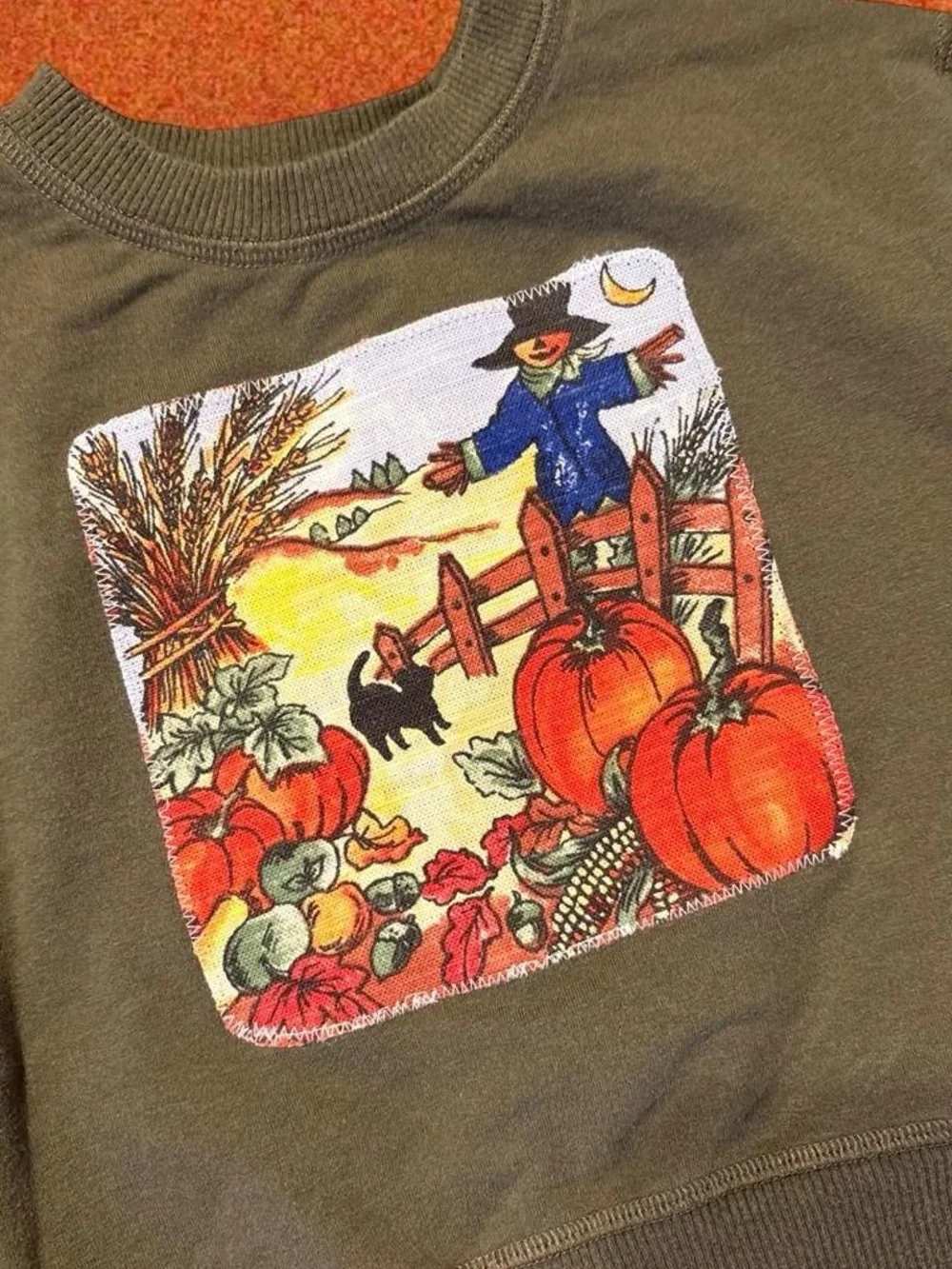 Kids Upcycled Olive Green Pumpkin Patch Sweatshirt